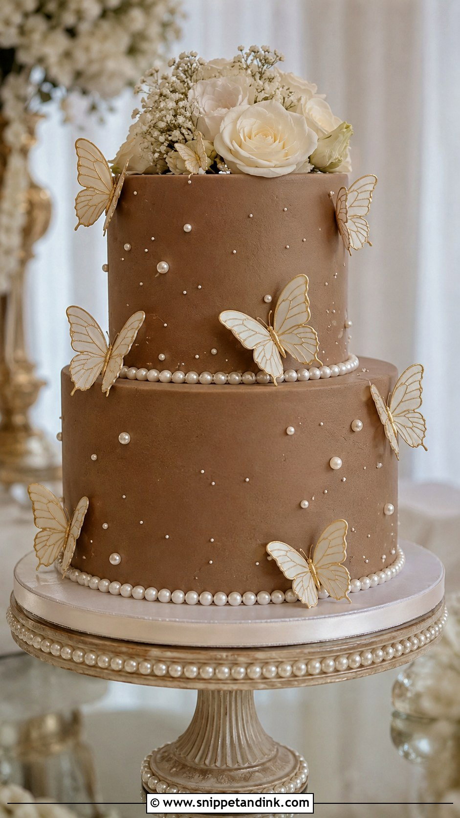 Chocolate Butterfly Wedding Cake With Pearl Details - Snippet and Ink - 20 Chocolate Butterfly Cake Ideas for Wedding