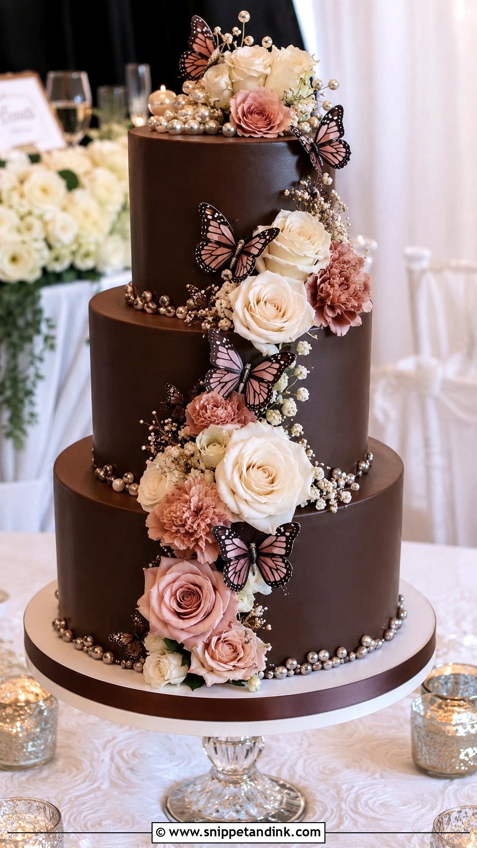 Chocolate Butterfly Wedding Cake With Tiered Flowers - Snippet and Ink - 20 Chocolate Butterfly Cake Ideas for Wedding