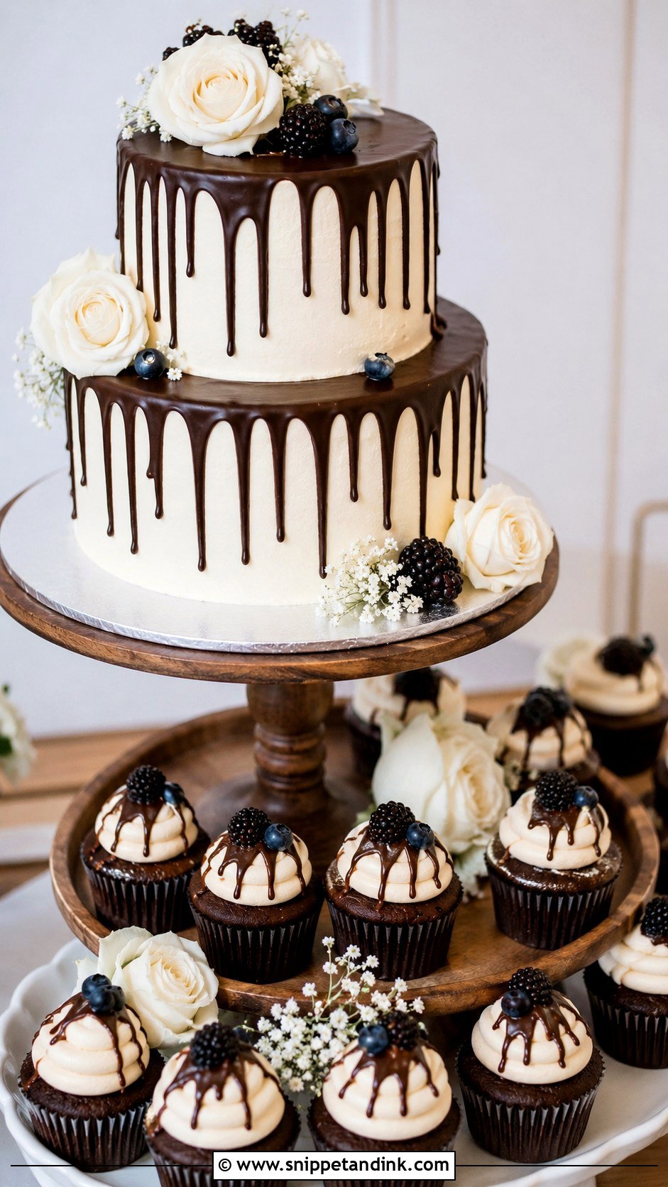 Chocolate Drip Wedding Cake With Cupcakes - Snippet and Ink - 20 Chocolate Drip Wedding Cake Ideas
