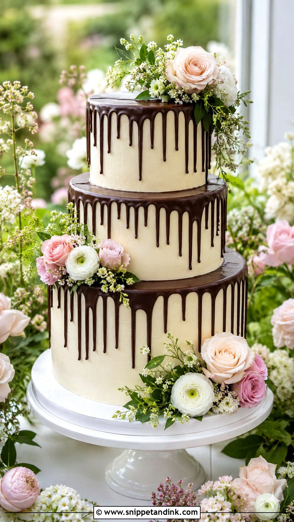 Chocolate Drip Wedding Cake With Flowers - Snippet and Ink - 20 Chocolate Drip Wedding Cake Ideas