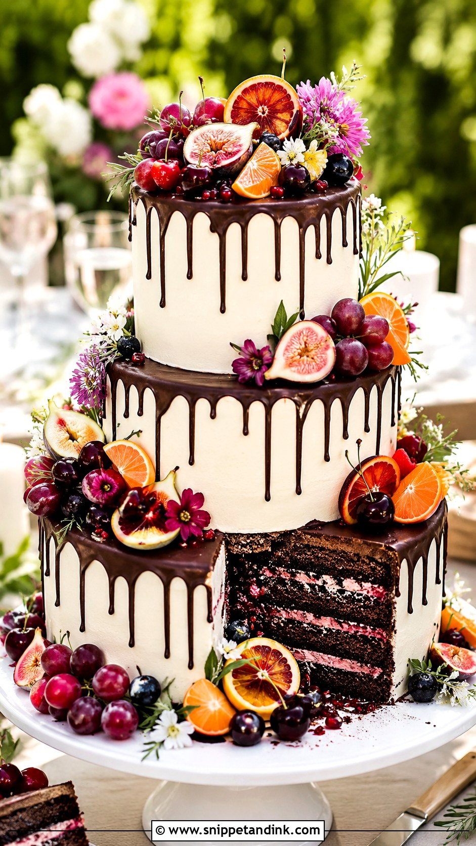 Chocolate Drip Wedding Cake With Fresh Fruit - Snippet and Ink - 20 Chocolate Drip Wedding Cake Ideas
