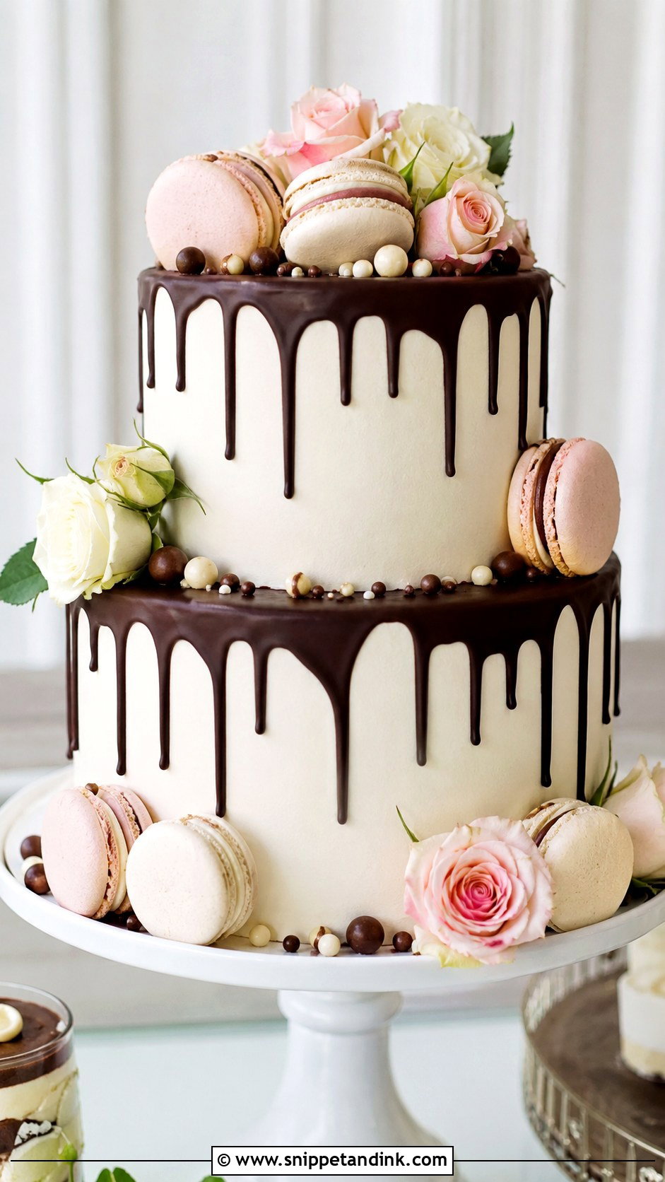 Chocolate Drip Wedding Cake With Macarons - Snippet and Ink - 20 Chocolate Drip Wedding Cake Ideas