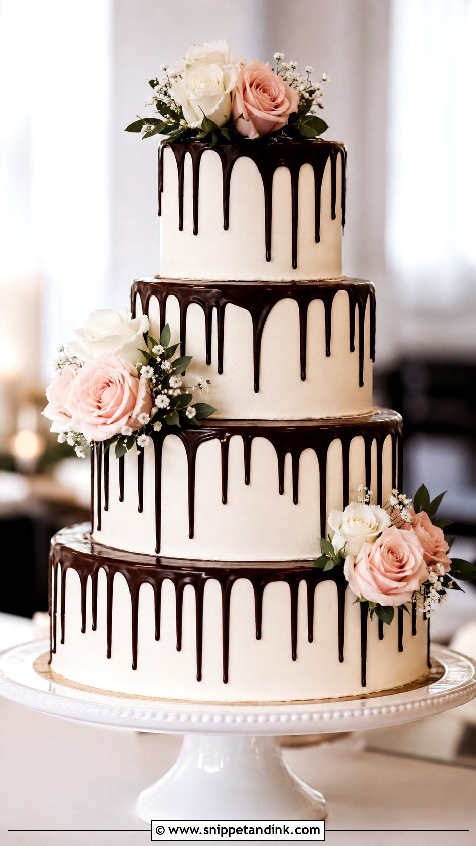 Chocolate Drip Wedding Cake With Roses - Snippet and Ink - 20 Chocolate Drip Wedding Cake Ideas