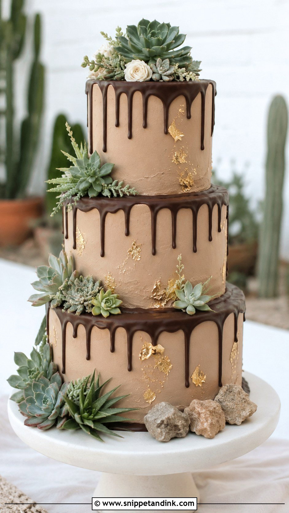 Chocolate Drip Wedding Cake With Succulents - Snippet and Ink - 20 Chocolate Drip Wedding Cake Ideas
