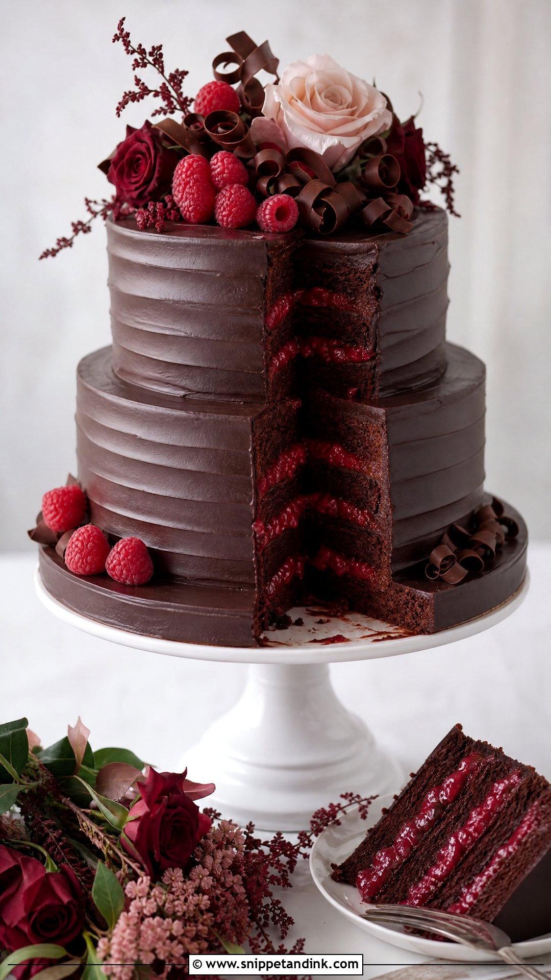 Chocolate Raspberry Wedding Cake - Snippet and Ink - 25 Chocolate Wedding Cake Ideas