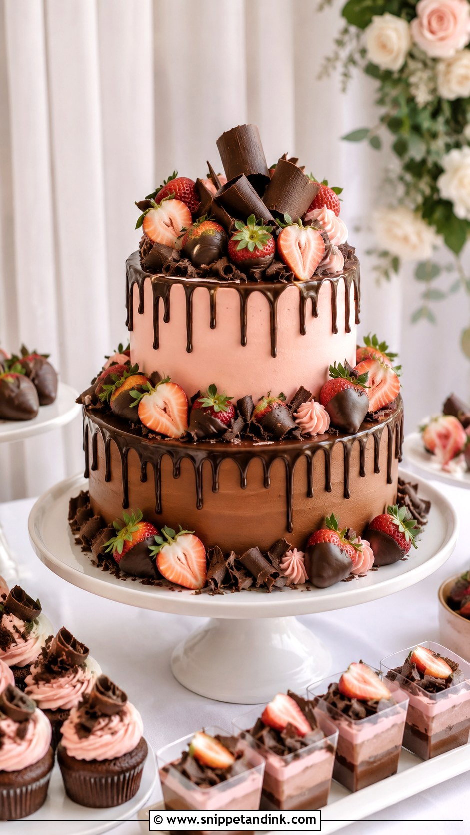Chocolate Strawberry Dessert Table Wedding Cake - Snippet and Ink - 25 Chocolate Strawberry Wedding Cake Ideas