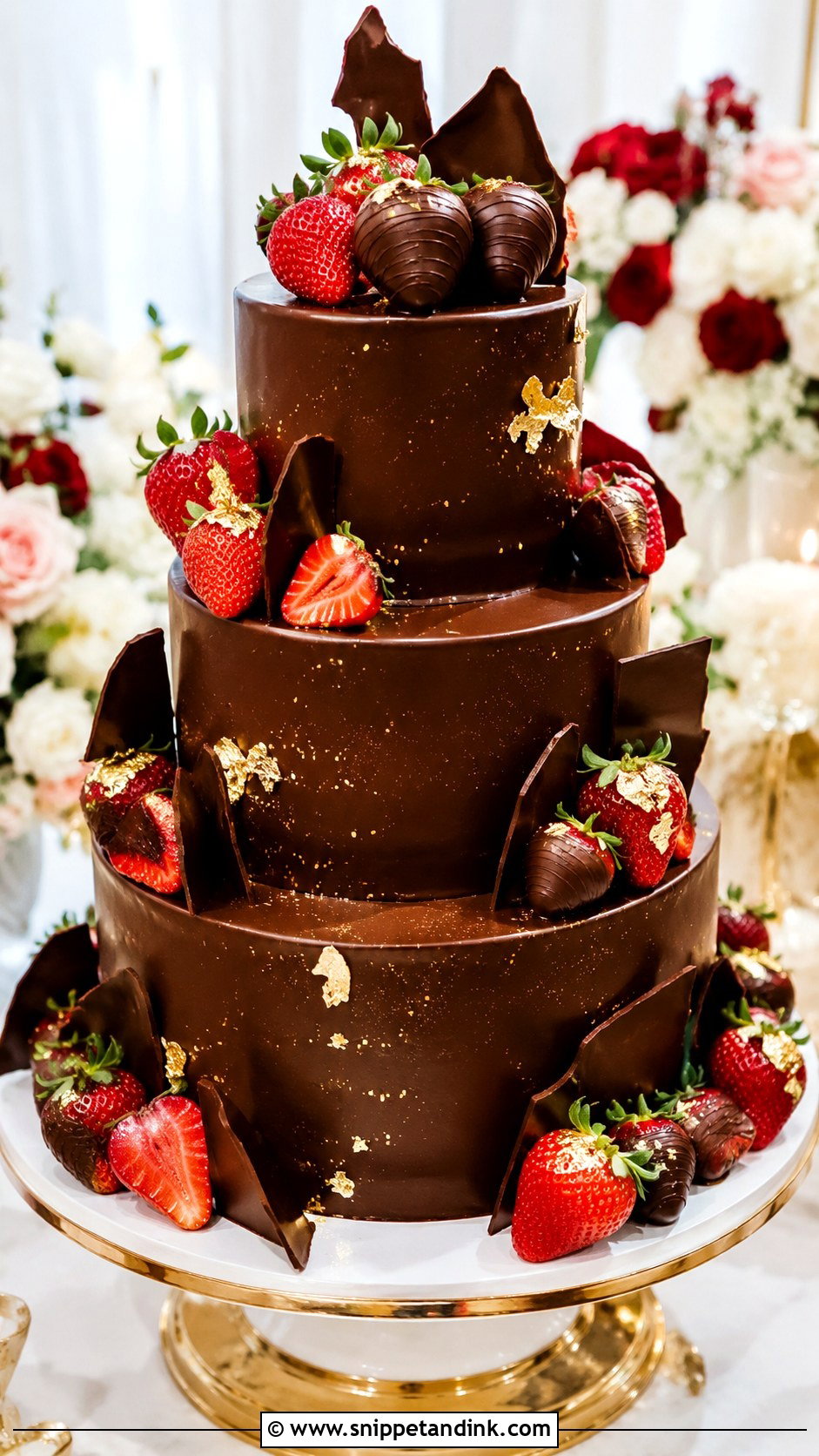 Chocolate Strawberry Gold Wedding Cake - Snippet and Ink - 25 Chocolate Strawberry Wedding Cake Ideas