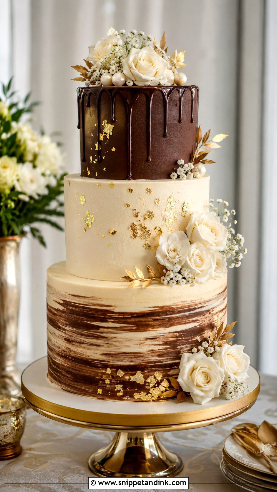 Chocolate Vanilla Gold Wedding Cake - Snippet and Ink - 25 Chocolate Vanilla Wedding Cake Ideas