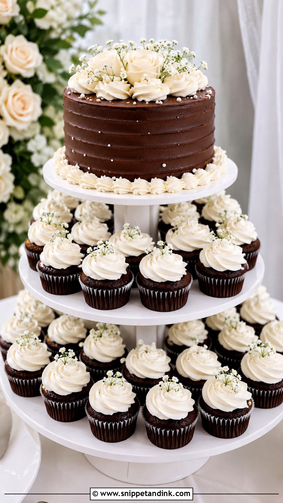 Chocolate Wedding Cake With White Cupcake Tower - Snippet and Ink - 20 Chocolate Wedding Cake Ideas with White Icing