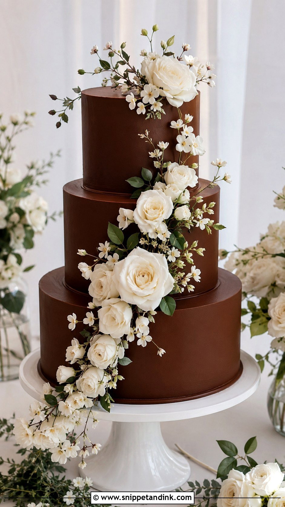 Chocolate Wedding Cake With White Floral Cascade - Snippet and Ink - 20 Chocolate Wedding Cake Ideas with White Icing