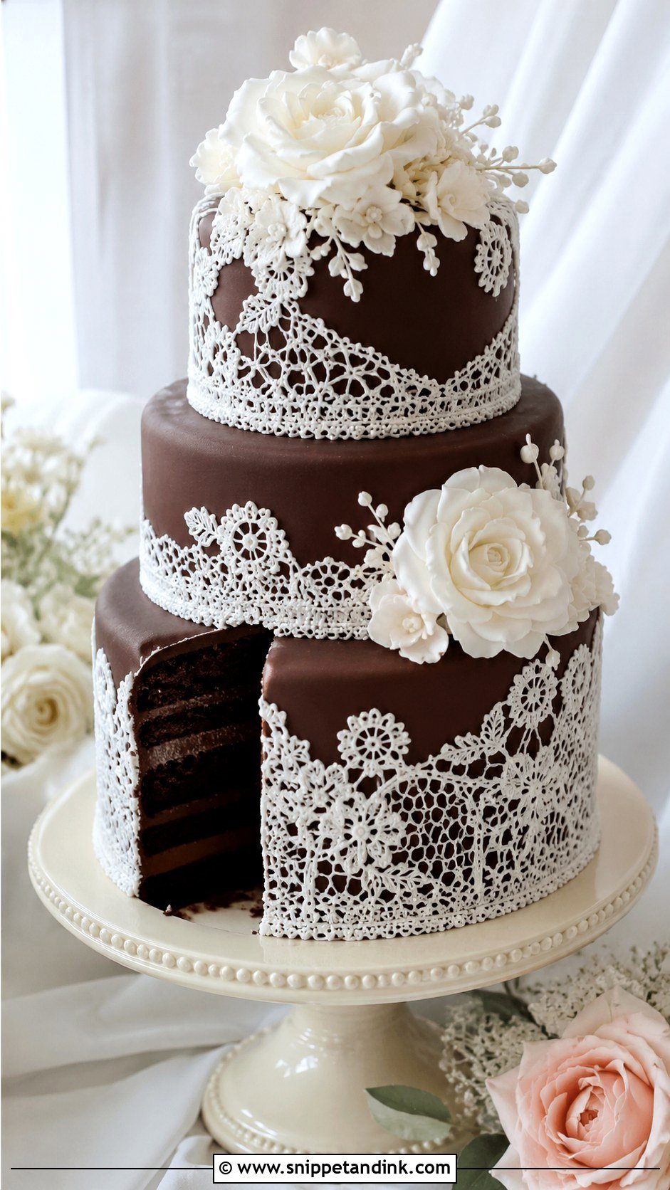 Chocolate Wedding Cake With White Lace Icing - Snippet and Ink - 20 Chocolate Wedding Cake Ideas with White Icing