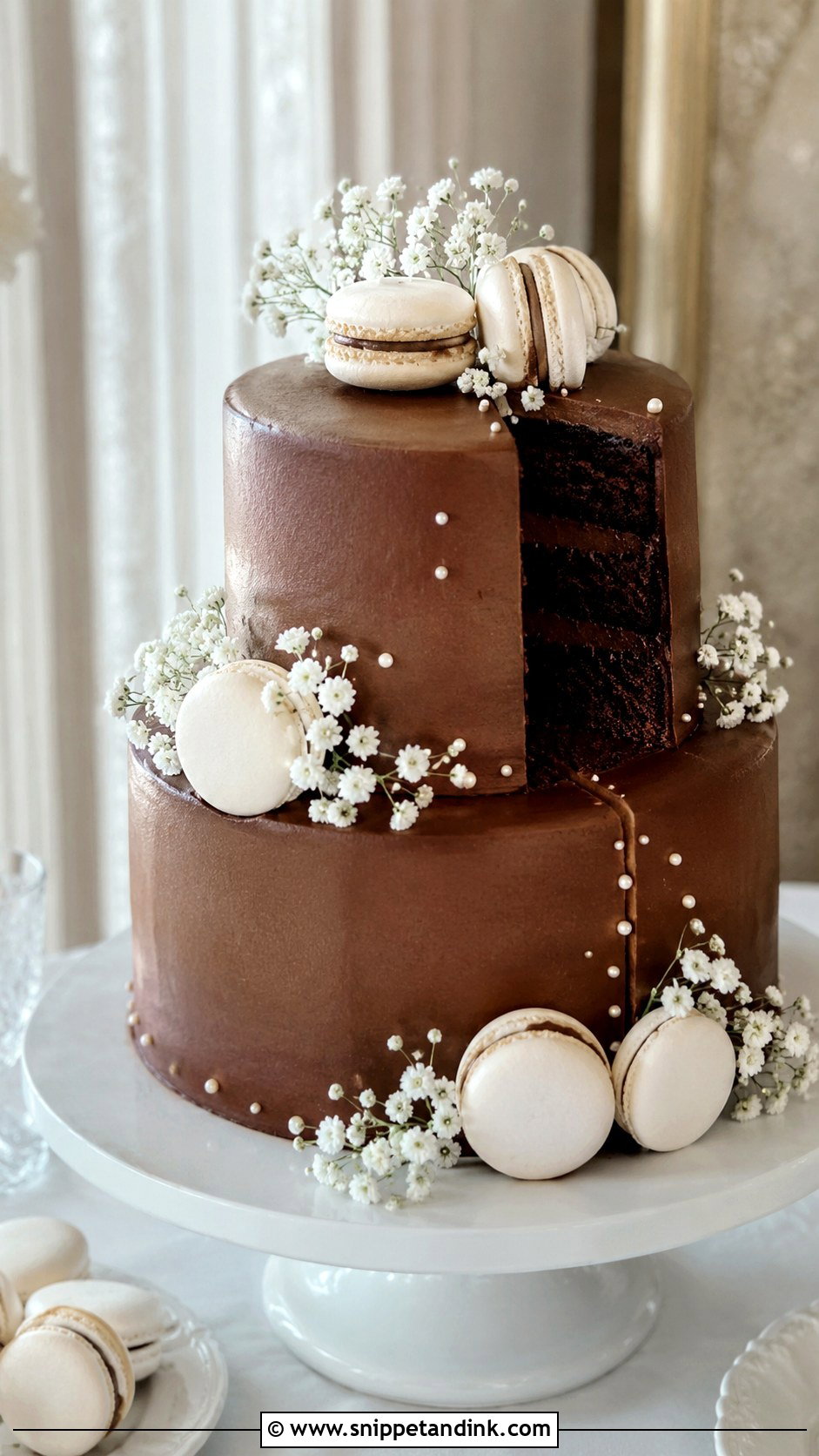 Chocolate Wedding Cake With White Macarons - Snippet and Ink - 20 Chocolate Wedding Cake Ideas with White Icing