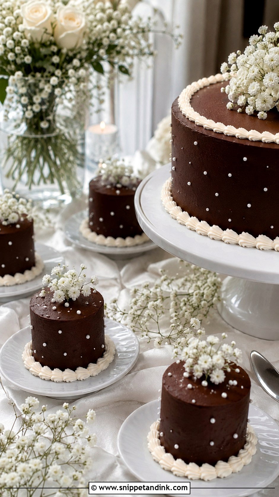 Chocolate Wedding Cake With White Mini Cakes - Snippet and Ink - 20 Chocolate Wedding Cake Ideas with White Icing