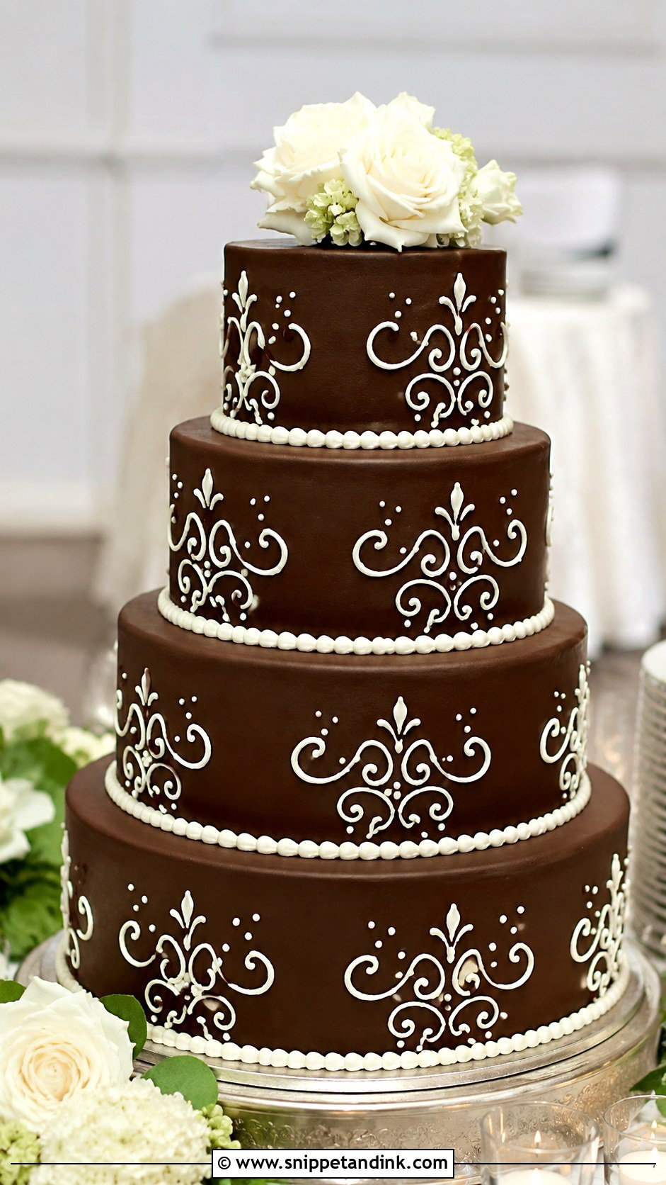 Chocolate Wedding Cake With White Piping - Snippet and Ink - 20 Chocolate Wedding Cake Ideas with White Icing