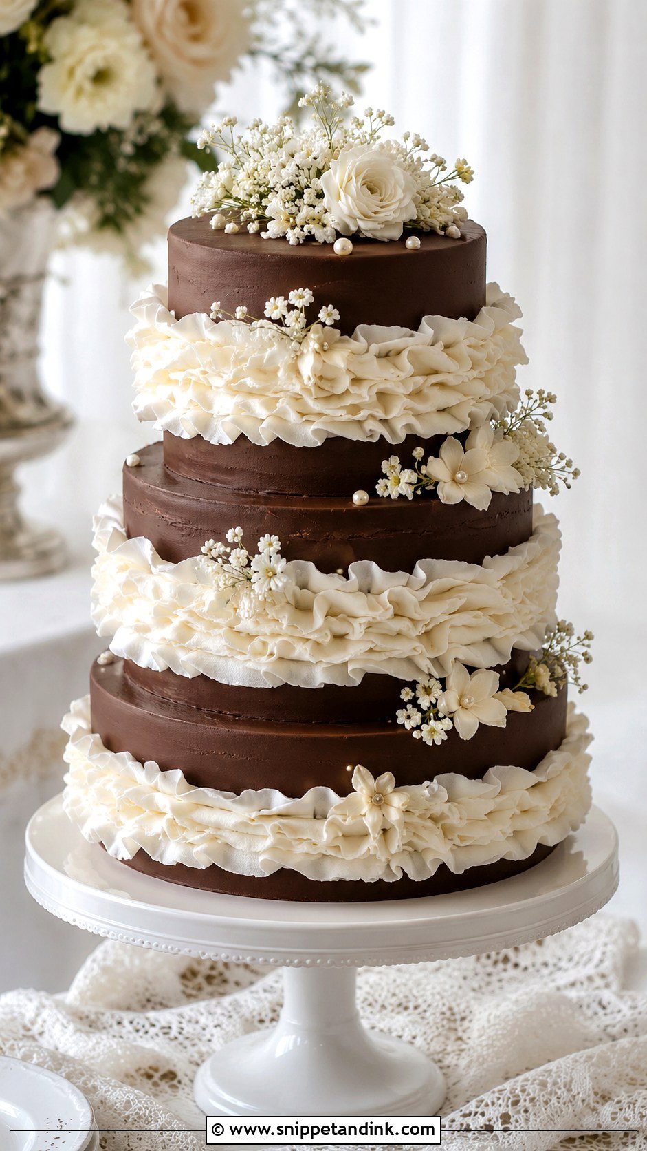 Chocolate Wedding Cake With White Ruffle Icing - Snippet and Ink - 20 Chocolate Wedding Cake Ideas with White Icing