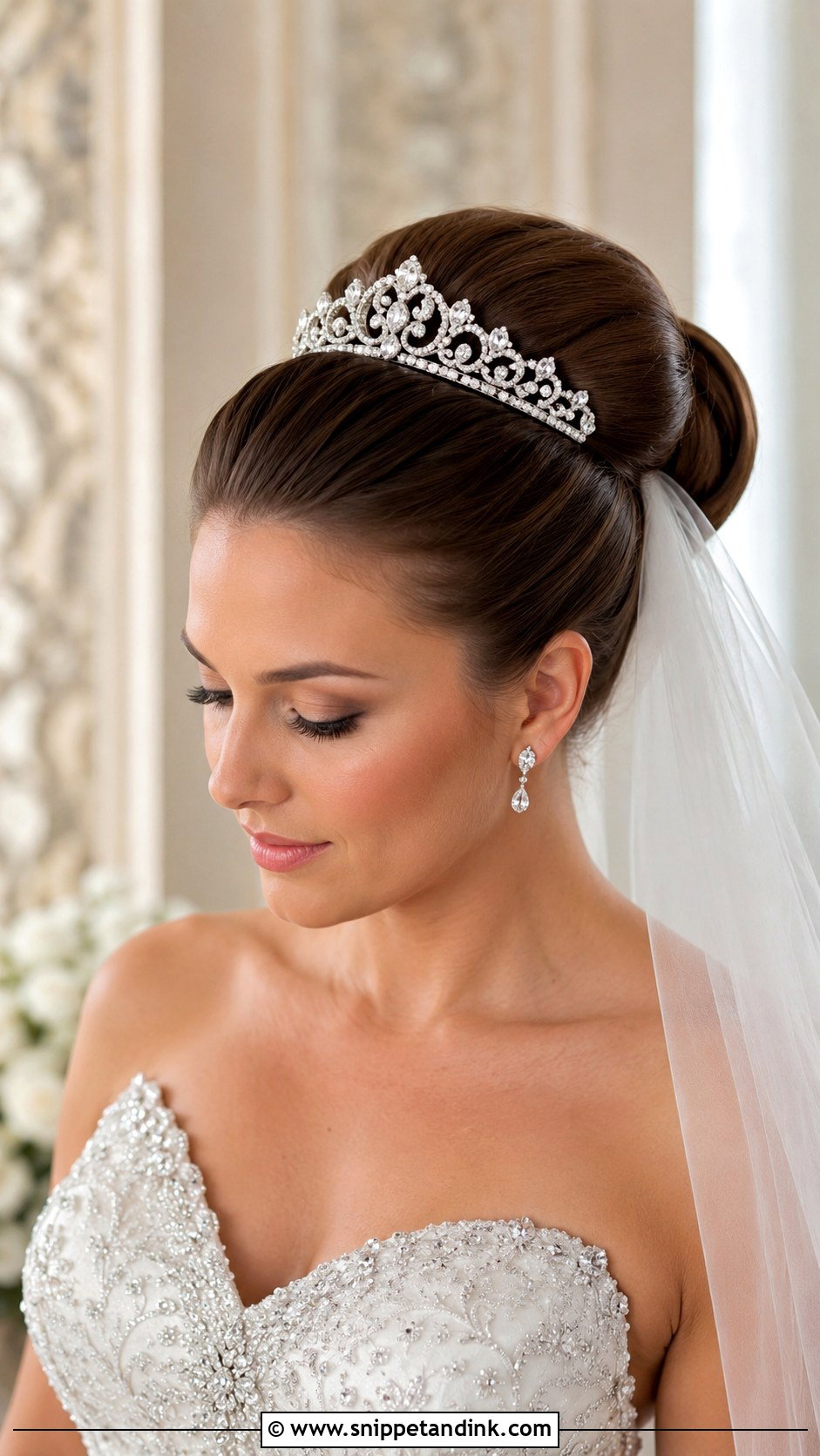 Classic Bridal Bun With Tiara - Snippet and Ink - 25 Long Hair Updo for Wedding Ideas