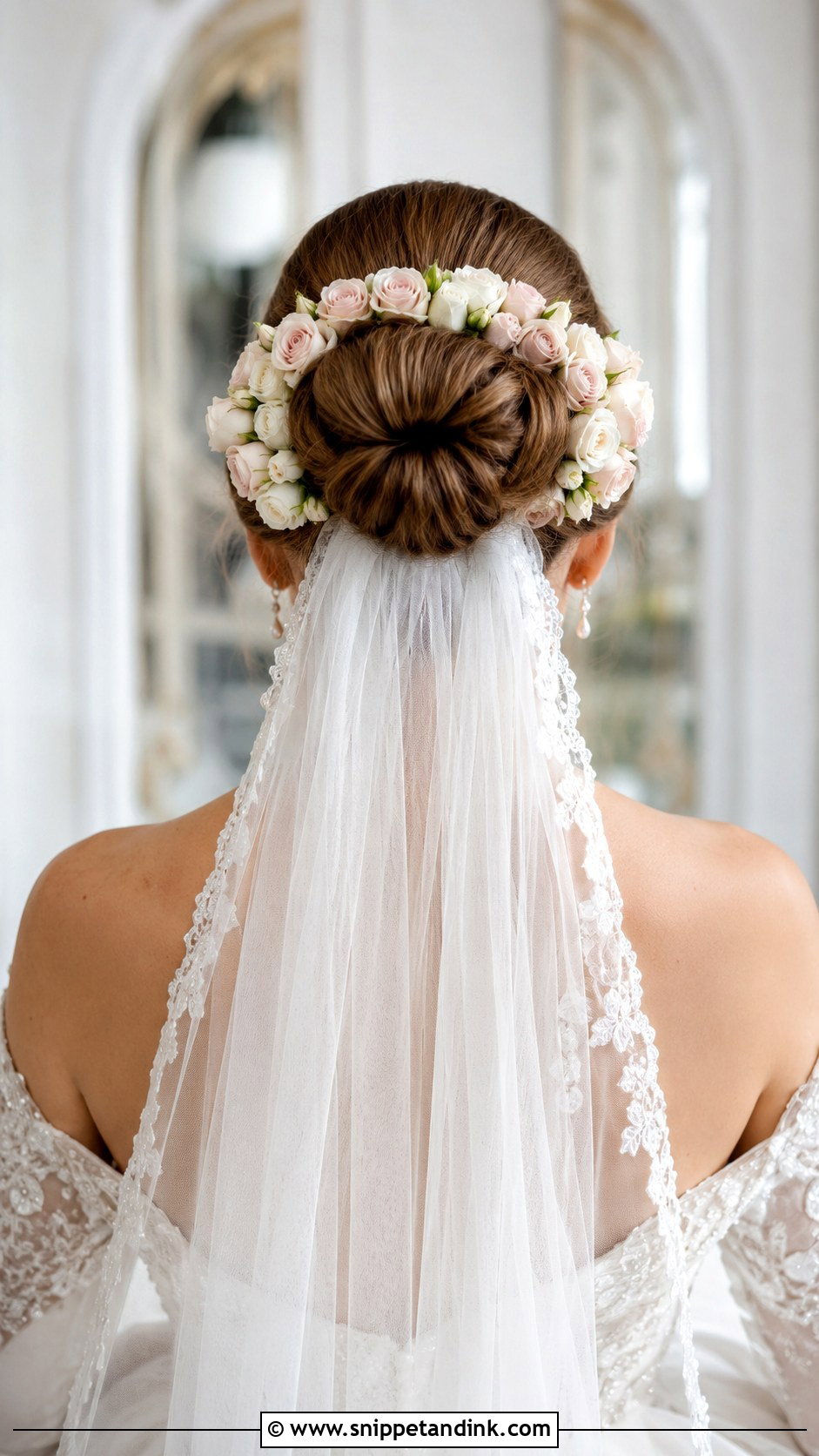 Classic Bun With Rose Garland - Snippet and Ink - 20 Flower Bun Hairstyle Wedding Bride Ideas