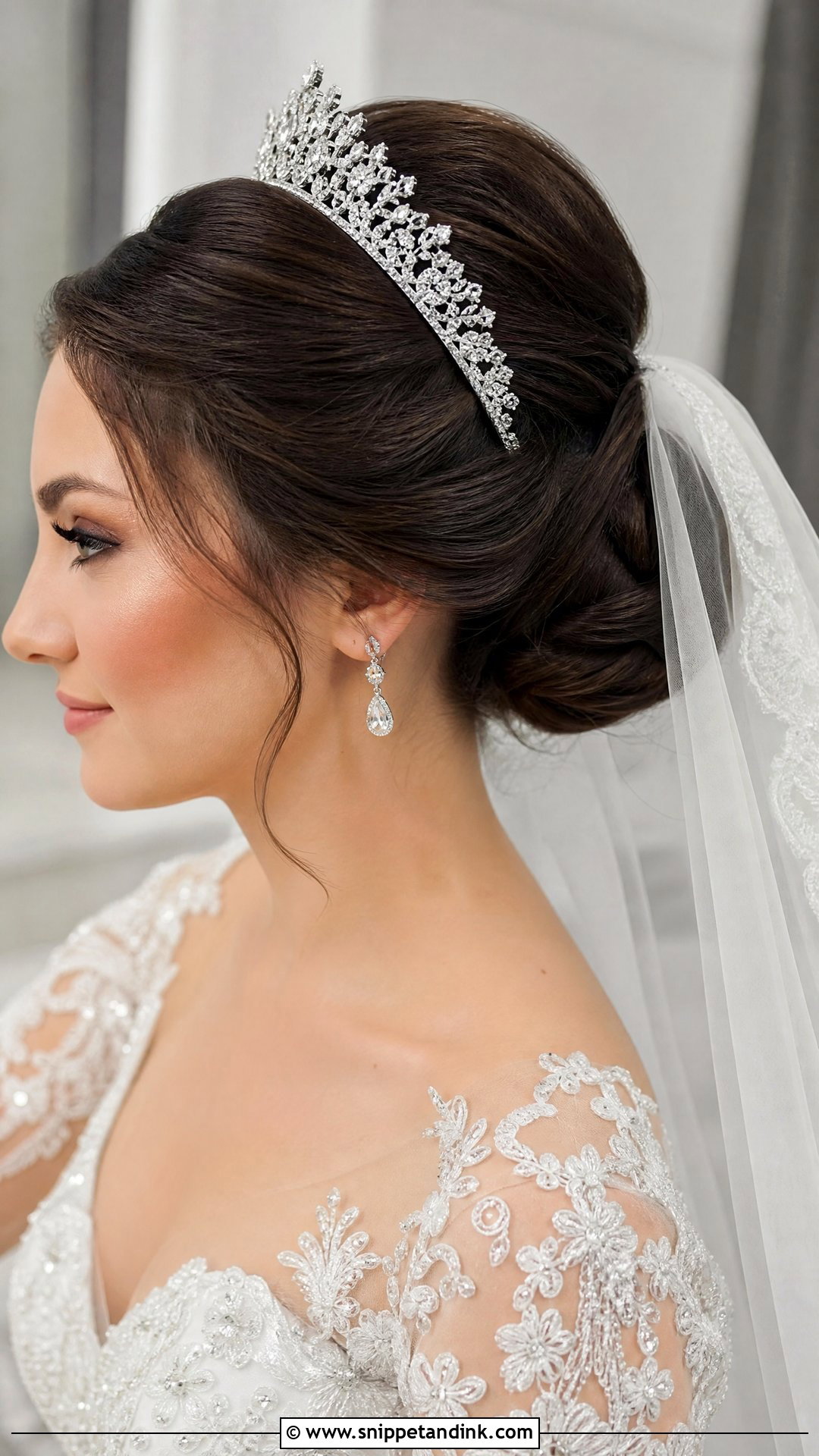 Classic Chignon With Diamond Tiara - Snippet and Ink - 20 Christian Bride Hairstyle with Crown Ideas