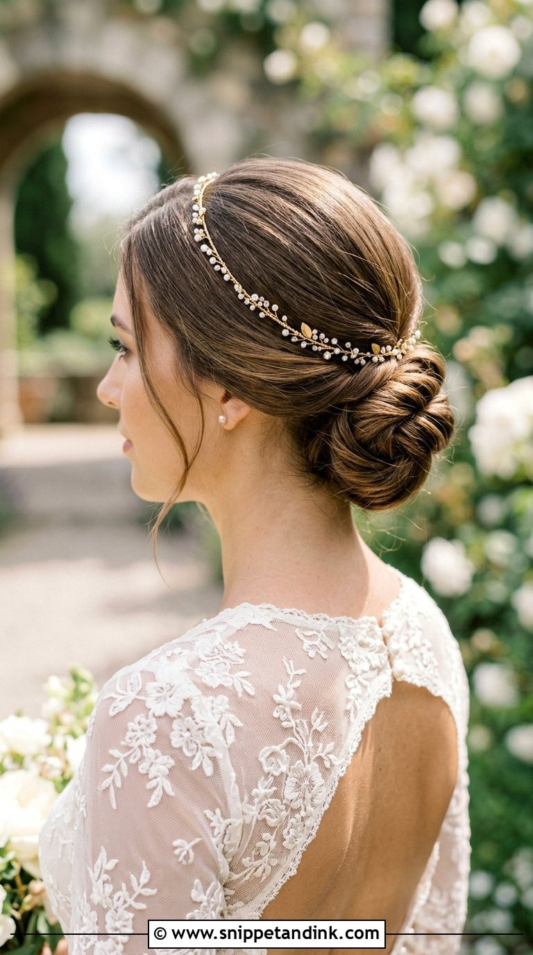 Classic Chignon With Gold Headband - Snippet and Ink - 20 Bridal Hair with Headband Ideas