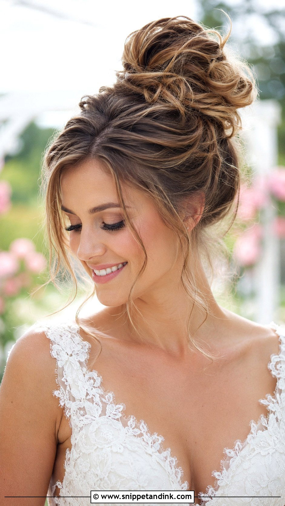 Classic High Messy Bun With Loose Tendrils - Snippet and Ink - 25 High Messy Bun Wedding Hair Ideas
