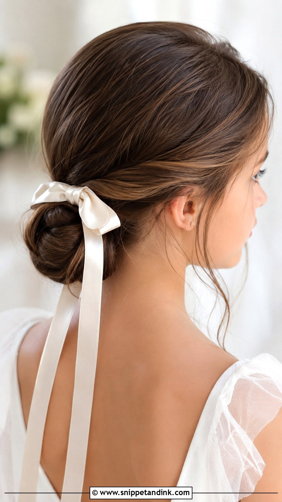 Classic Low Bun With Ribbon - Snippet and Ink - 25 Hairstyle for Girls Wedding Ideas