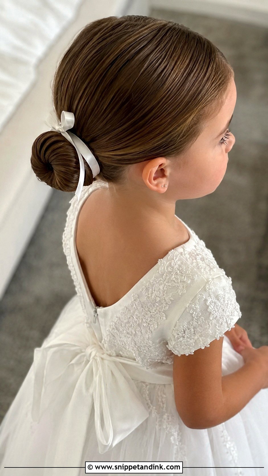 Classic Low Bun With Ribbon - Snippet and Ink - 20 Flowergirl Hairstyle for Toddler Ideas