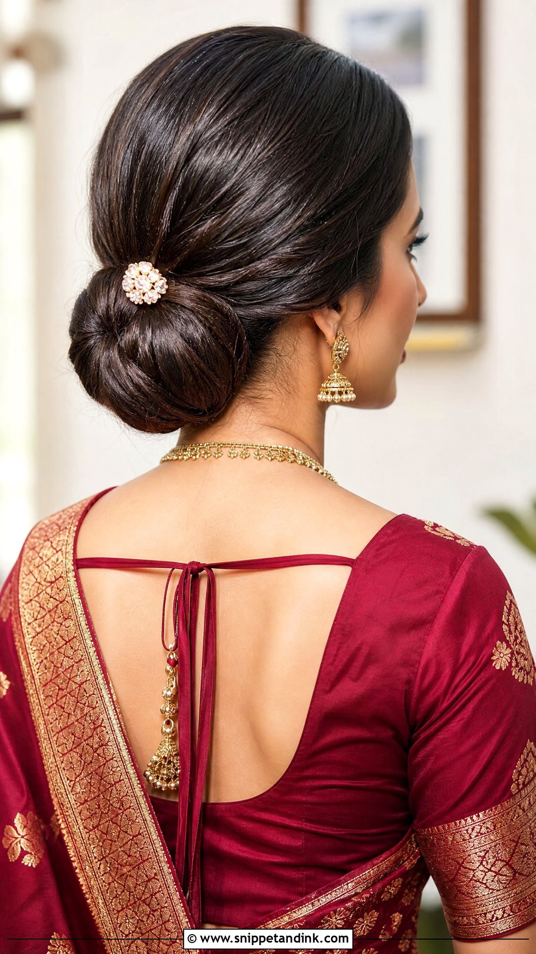 Classic Low Bun With Saree - Snippet and Ink - 20 Indian Hairstyle for Mom of Bride Ideas