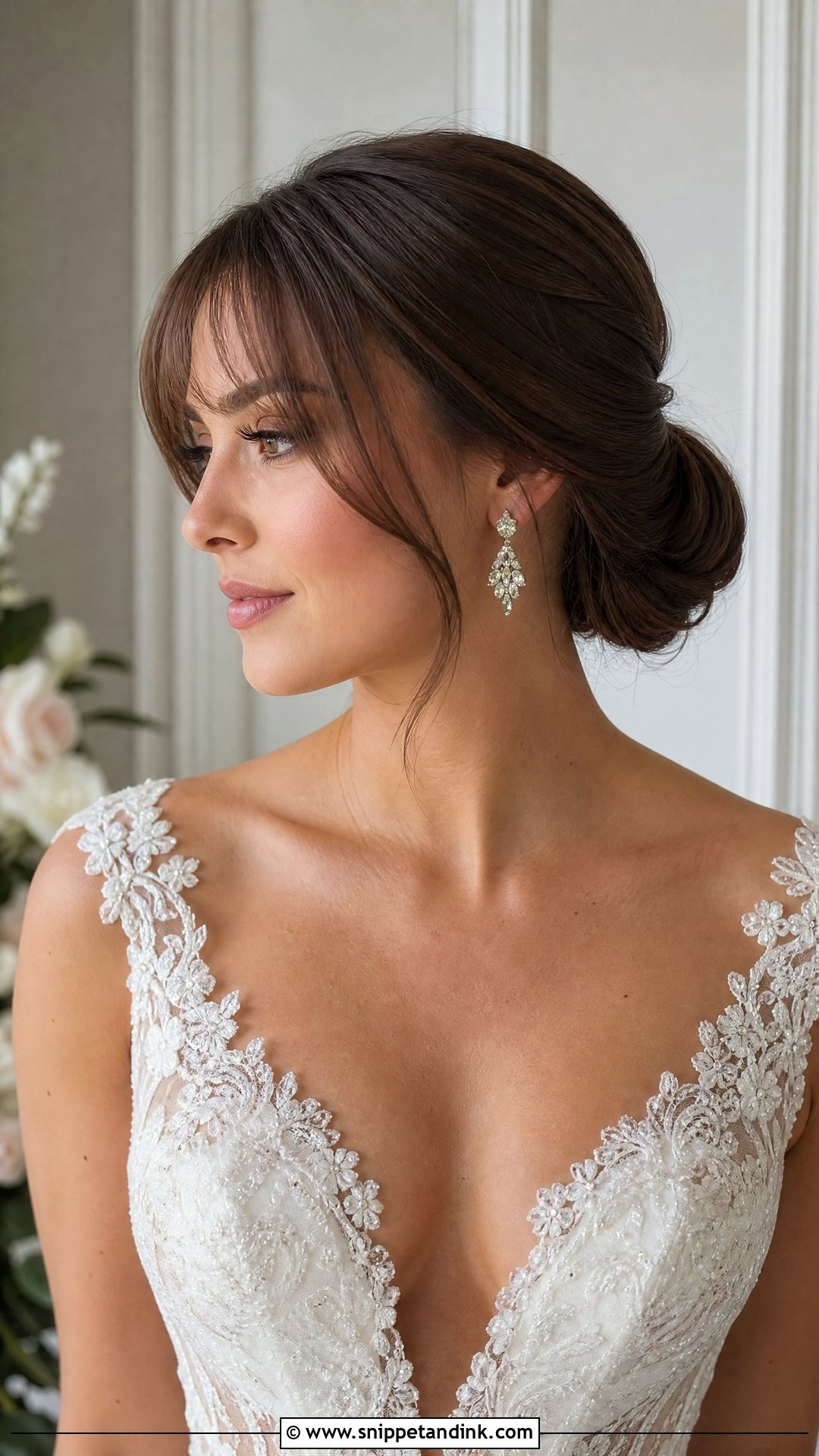 Classic Low Bun With Wispy Bangs - Snippet and Ink - 20 Wedding Hairstyles Bangs
