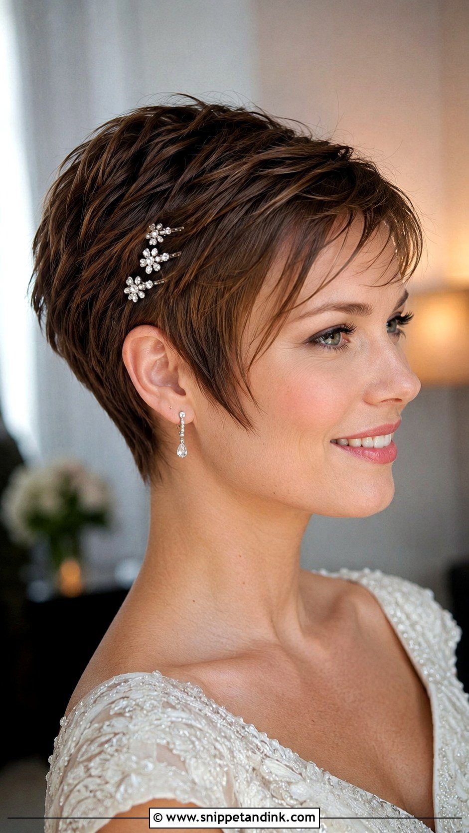 Classic Pixie Cut With Crystal Hairpins - Snippet and Ink - 25 Short Hair Bridal Hairstyles