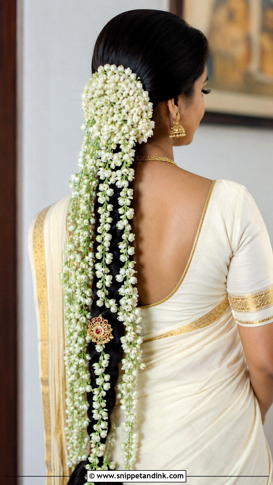 Classic Plait with Hanging Jasmine Strings - Snippet and Ink - 25 Kerala Hindu Bridal Hairstyles