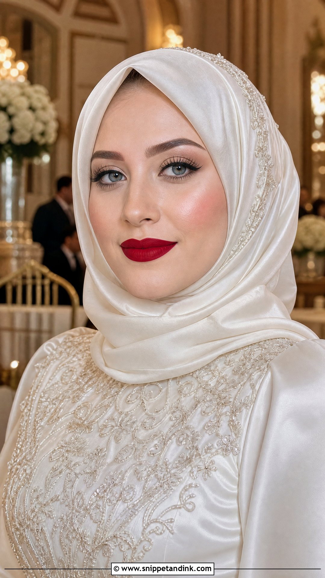 Classic Red Lip Hijab Wedding Makeup - Snippet and Ink - 20 Hijab Wedding Makeup Look Ideas