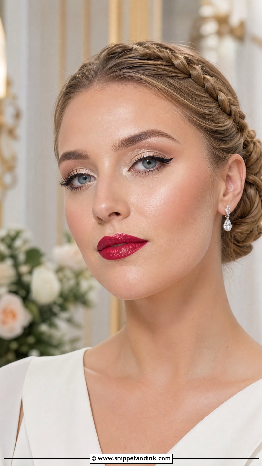 Classic Red Lip Makeup With Braided Bun - Snippet and Ink - 20 Braid Makeup Wedding Ideas