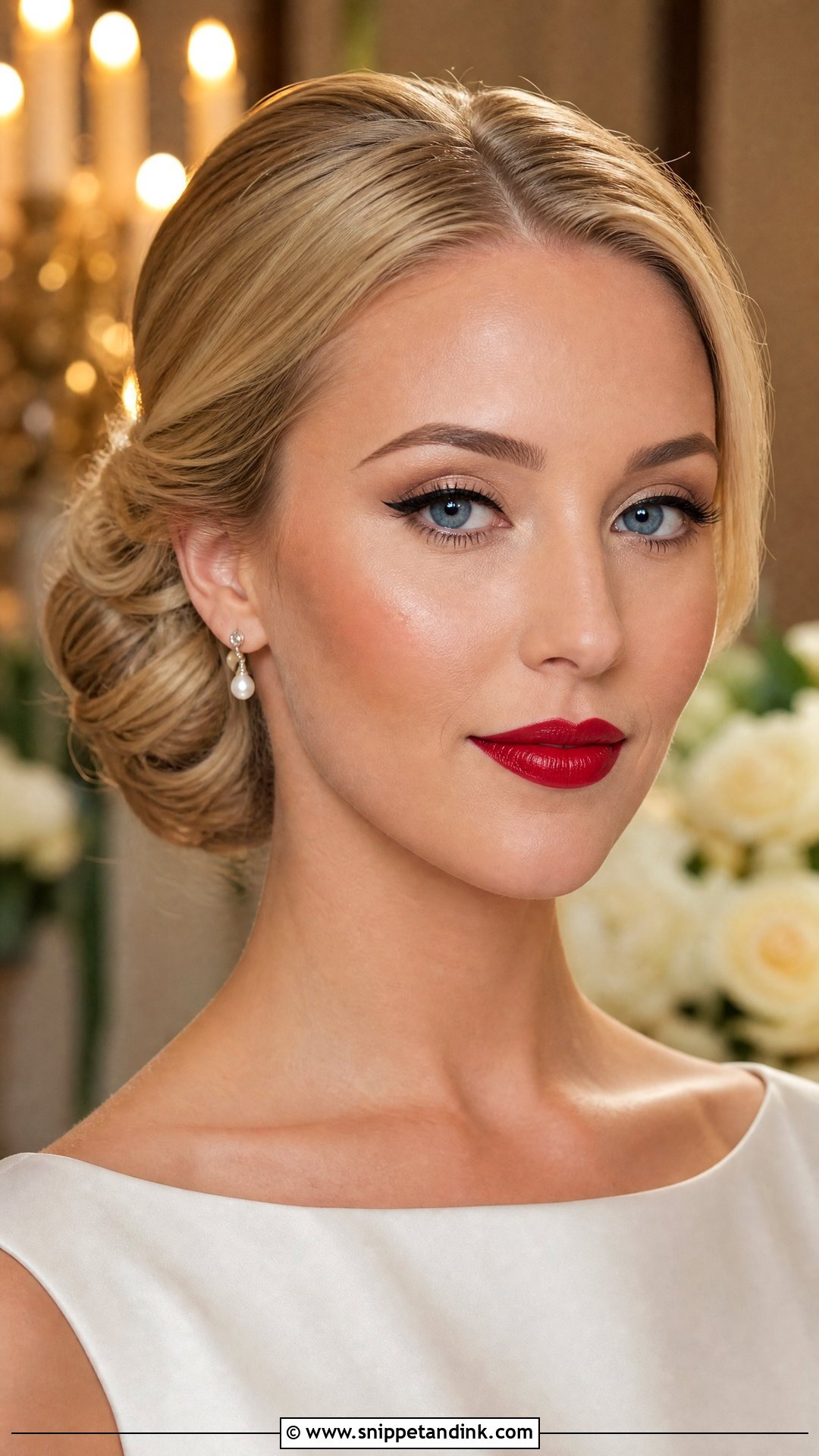 Classic Red Lip Wedding Makeup With Chignon - Snippet and Ink - 20 Wedding Makeup and Hair Ideas
