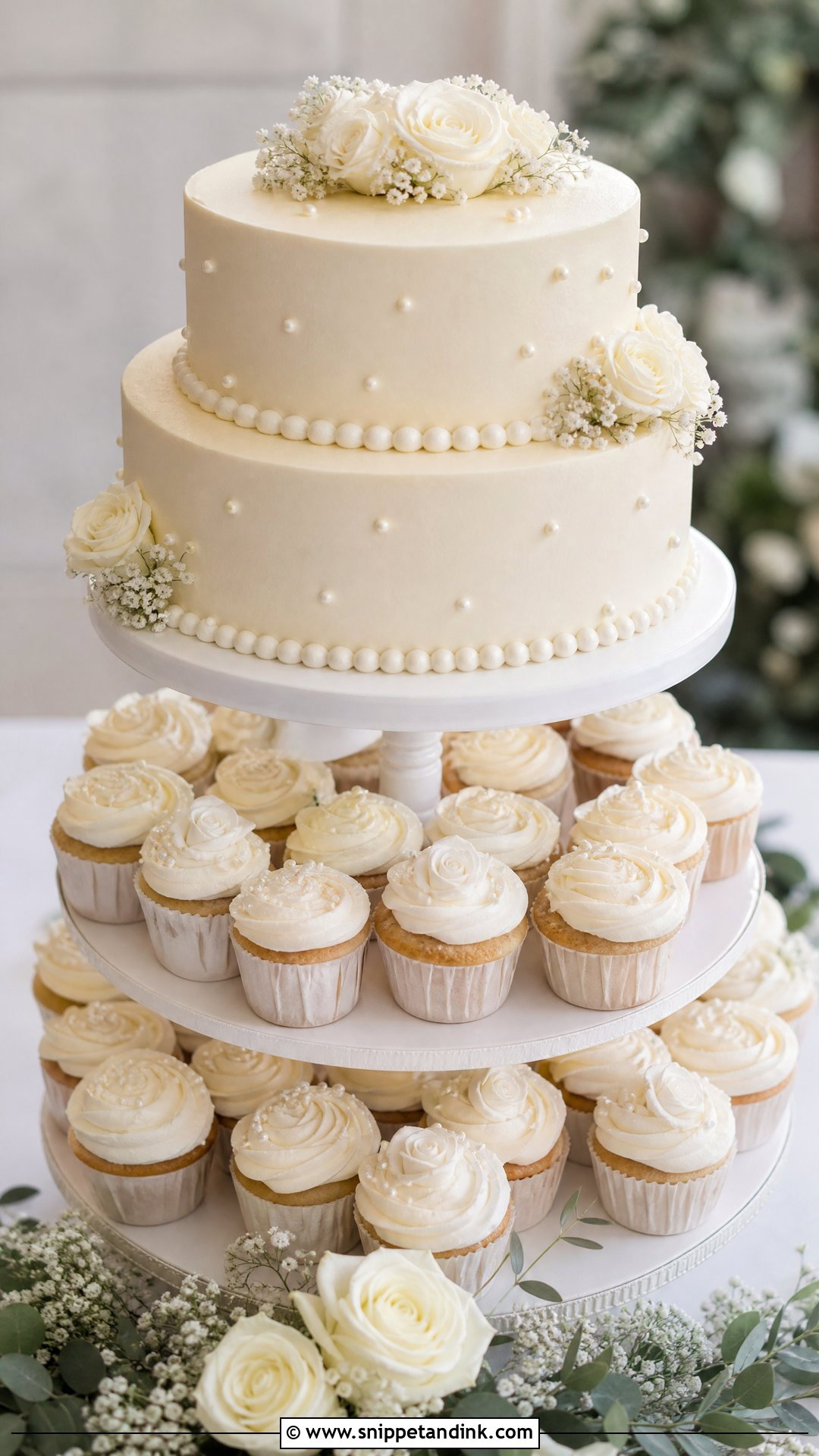 Classic Wedding Cake With Cupcakes - Snippet and Ink - 20 Wedding Cake with Cupcakes