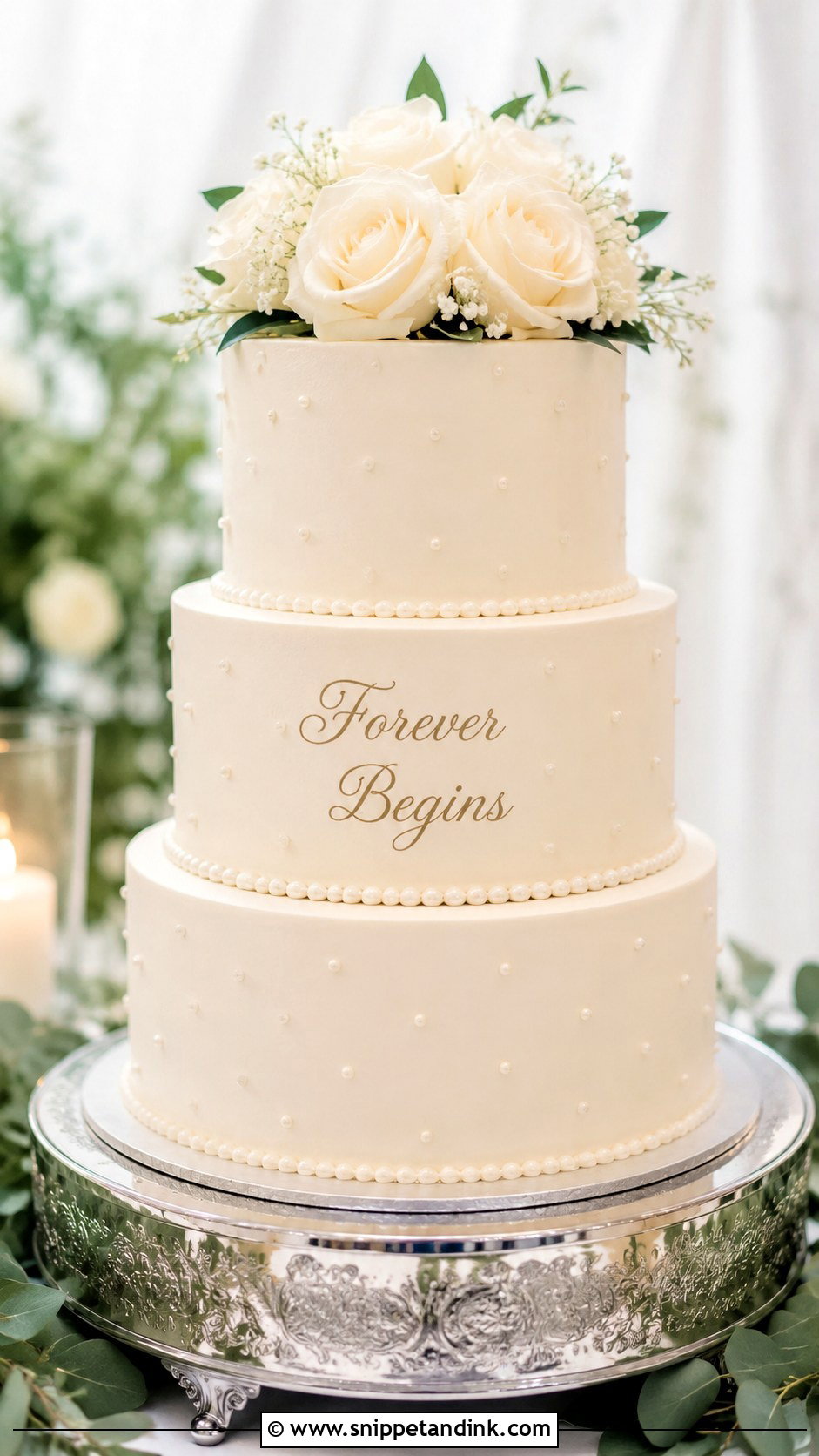 Classic Wedding Cake With Forever Begins - Snippet and Ink - 25 Wedding Cake Wording Ideas