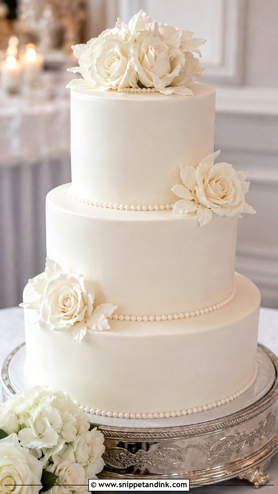 Classic White 3 Tier Wedding Cake - Snippet and Ink - 20 Elegant 3 Tier Wedding Cake Ideas