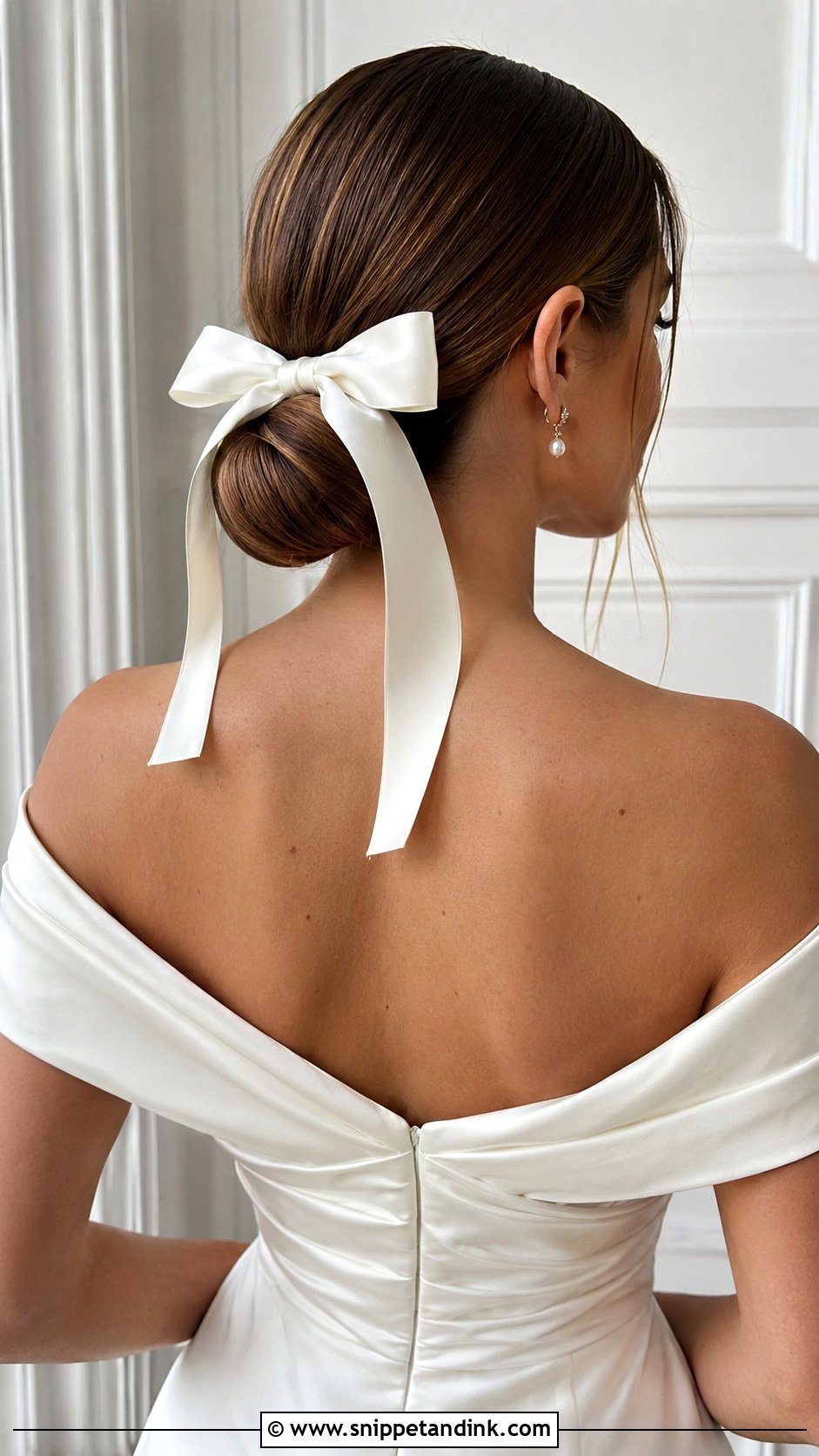 Classic White Satin Bow Low Bun - Snippet and Ink - 25 Wedding Hair Bow Ideas