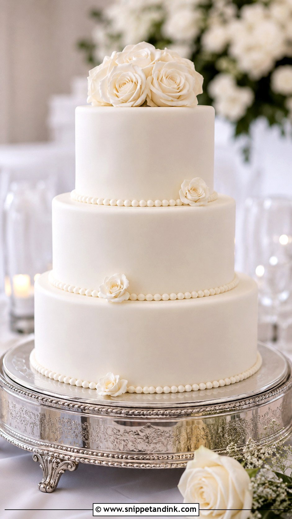Classic White Tiered Wedding Cake - Snippet and Ink - 30 Tiered Wedding Cake Ideas