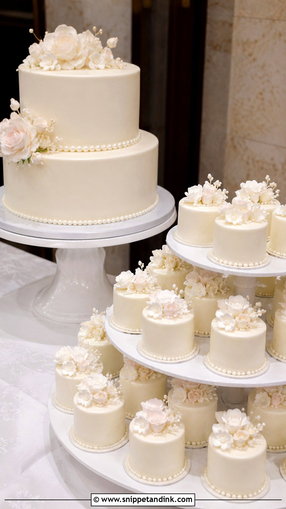 Classic White Wedding Cake With Mini Cakes - Snippet and Ink - 25 Wedding Cake with Mini Cakes