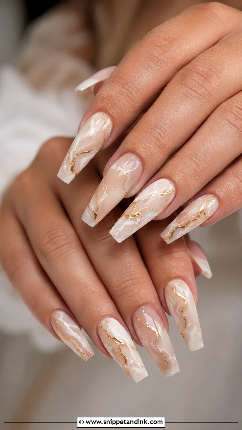 Coffin Wedding Nails With Gold Marble - Snippet and Ink - 20 Wedding Nails Gold Accent