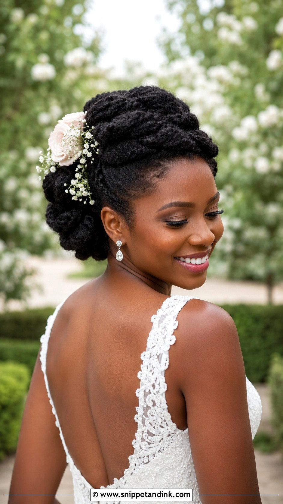 Coiled Updo With Fresh Flowers - Snippet and Ink - 25 Natural Bridal Hairstyles Black Women