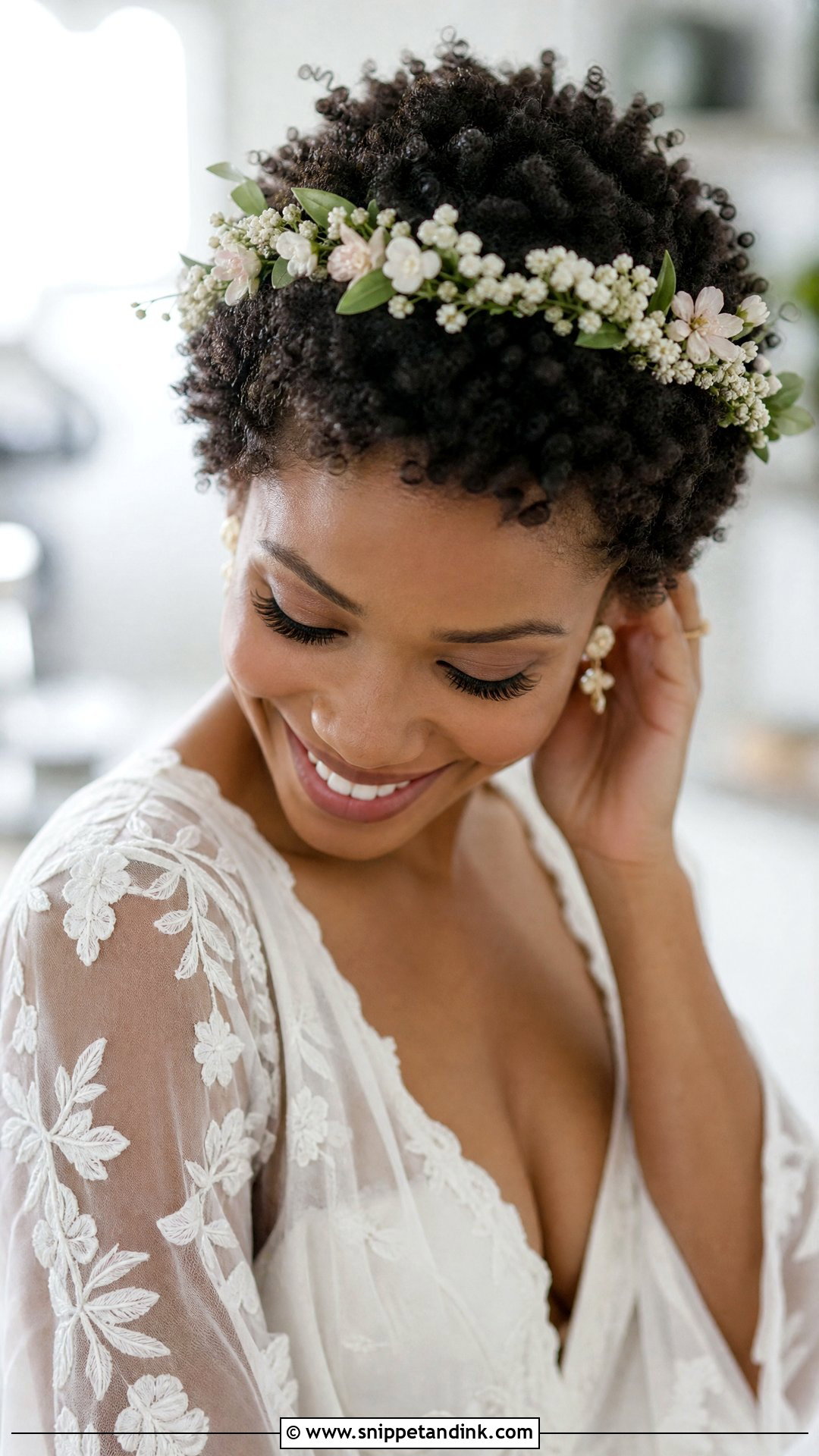 Coily Pixie With Floral Crown - Snippet and Ink - 30 Natural Hair Bride Ideas
