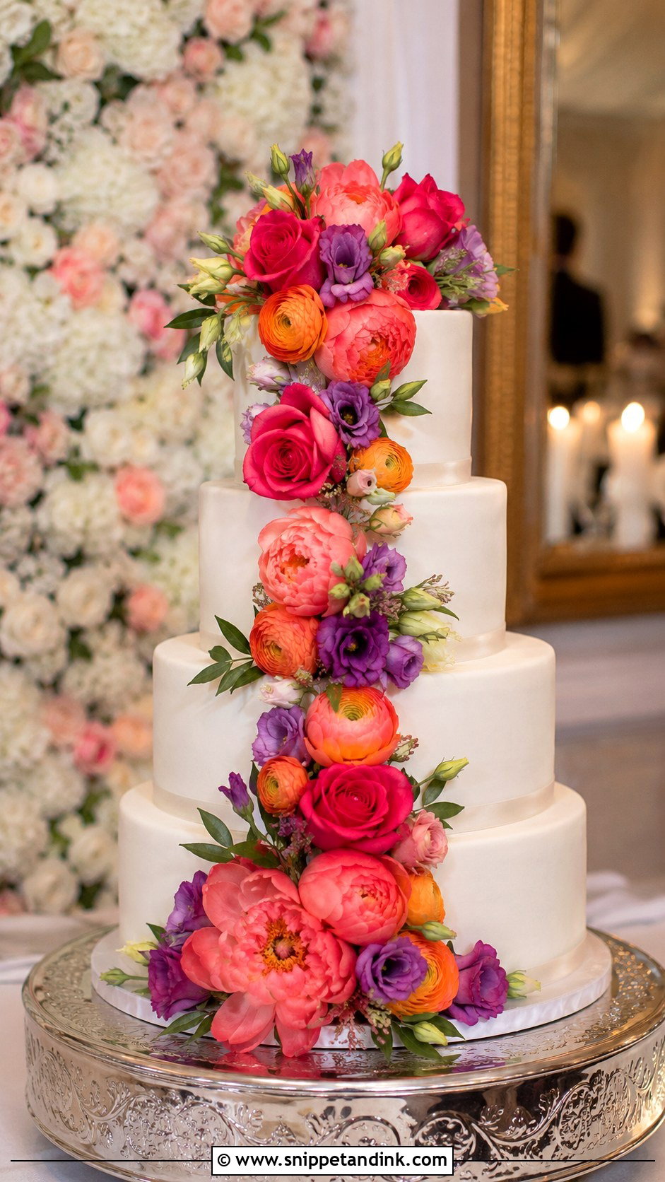 Colorful Cascading Flower Wedding Cake - Snippet and Ink - 20 Colorful Flower Cake Ideas for Wedding