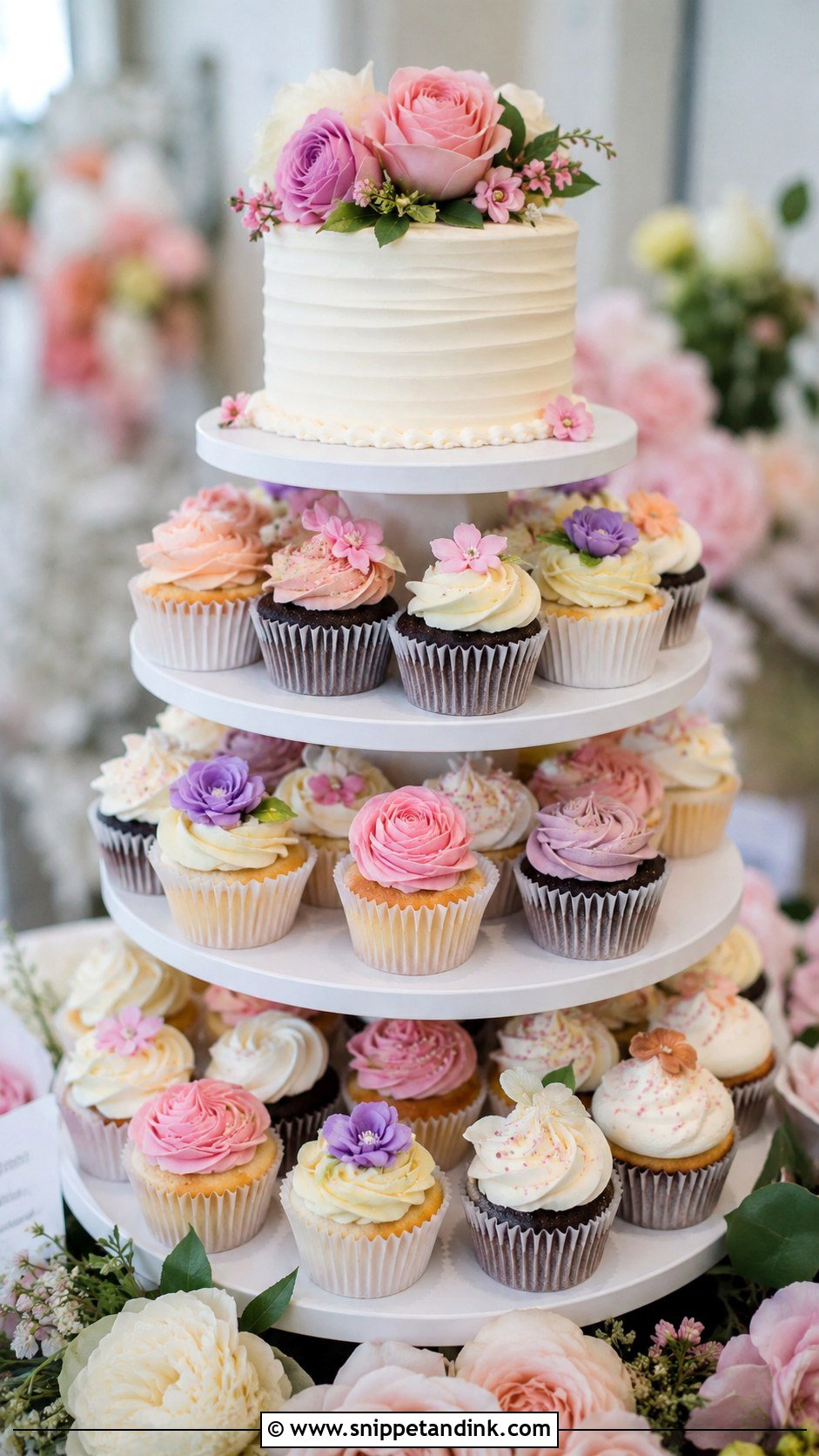 Colorful Floral Cupcake Wedding Cake - Snippet and Ink - 20 Colorful Flower Cake Ideas for Wedding