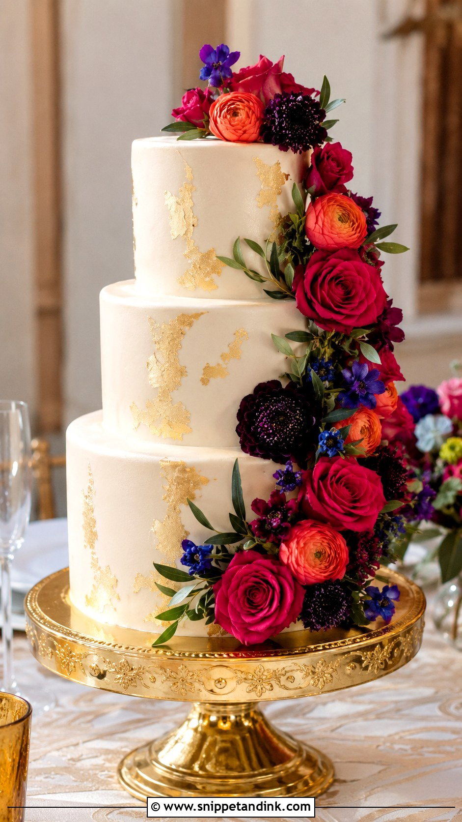 Colorful Floral Gold Wedding Cake - Snippet and Ink - 20 Colorful Flower Cake Ideas for Wedding