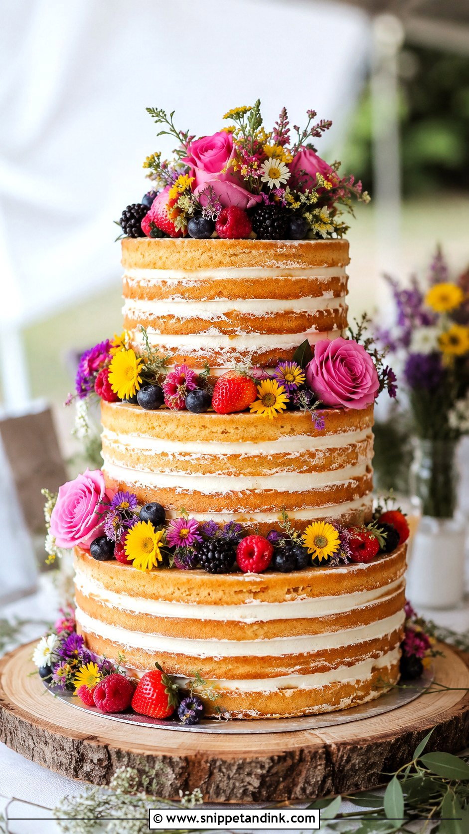 Colorful Floral Naked Wedding Cake - Snippet and Ink - 20 Colorful Flower Cake Ideas for Wedding
