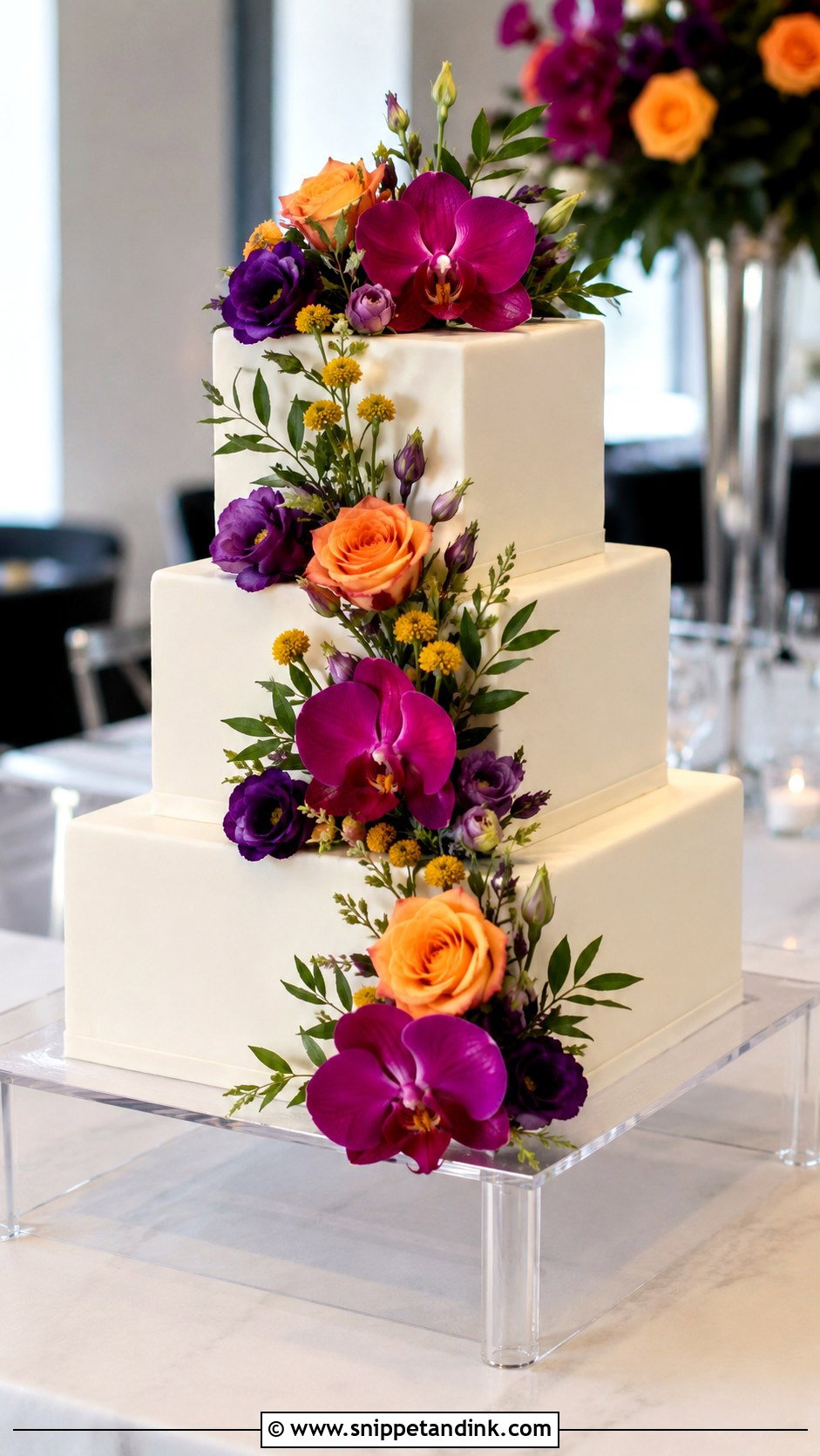 Colorful Floral Square Wedding Cake - Snippet and Ink - 20 Colorful Flower Cake Ideas for Wedding