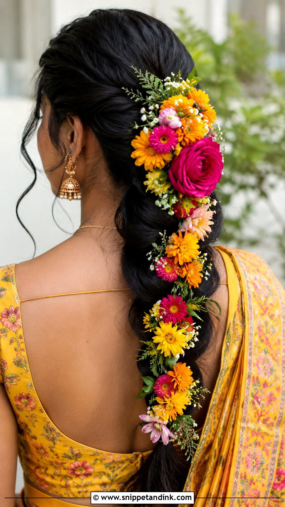 Colorful Floral Veni for Haldi and Mehndi - Snippet and Ink - 20 Flower Veni for Hair Indian Brides Ideas
