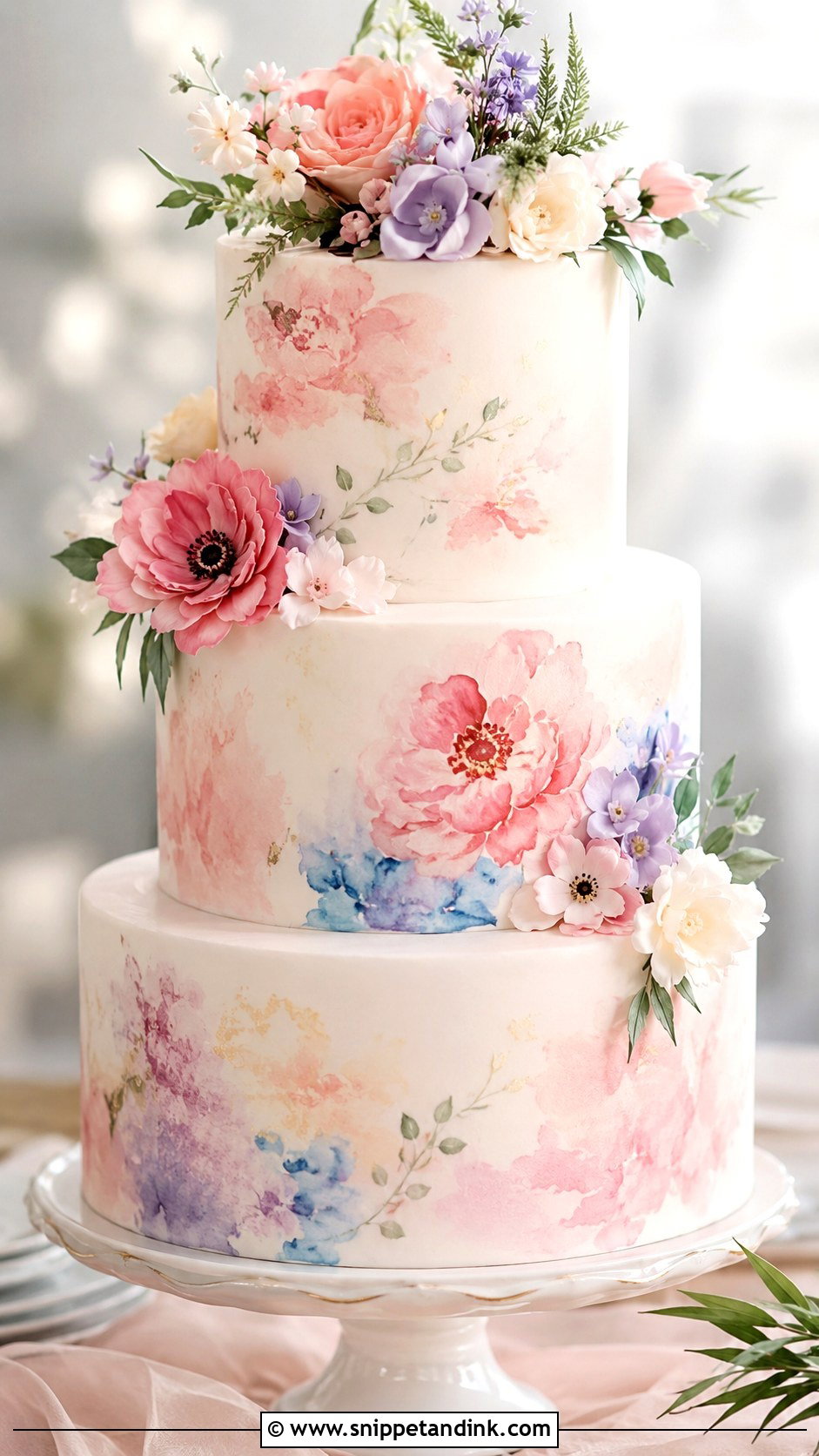 Colorful Floral Watercolor Wedding Cake - Snippet and Ink - 20 Colorful Flower Cake Ideas for Wedding