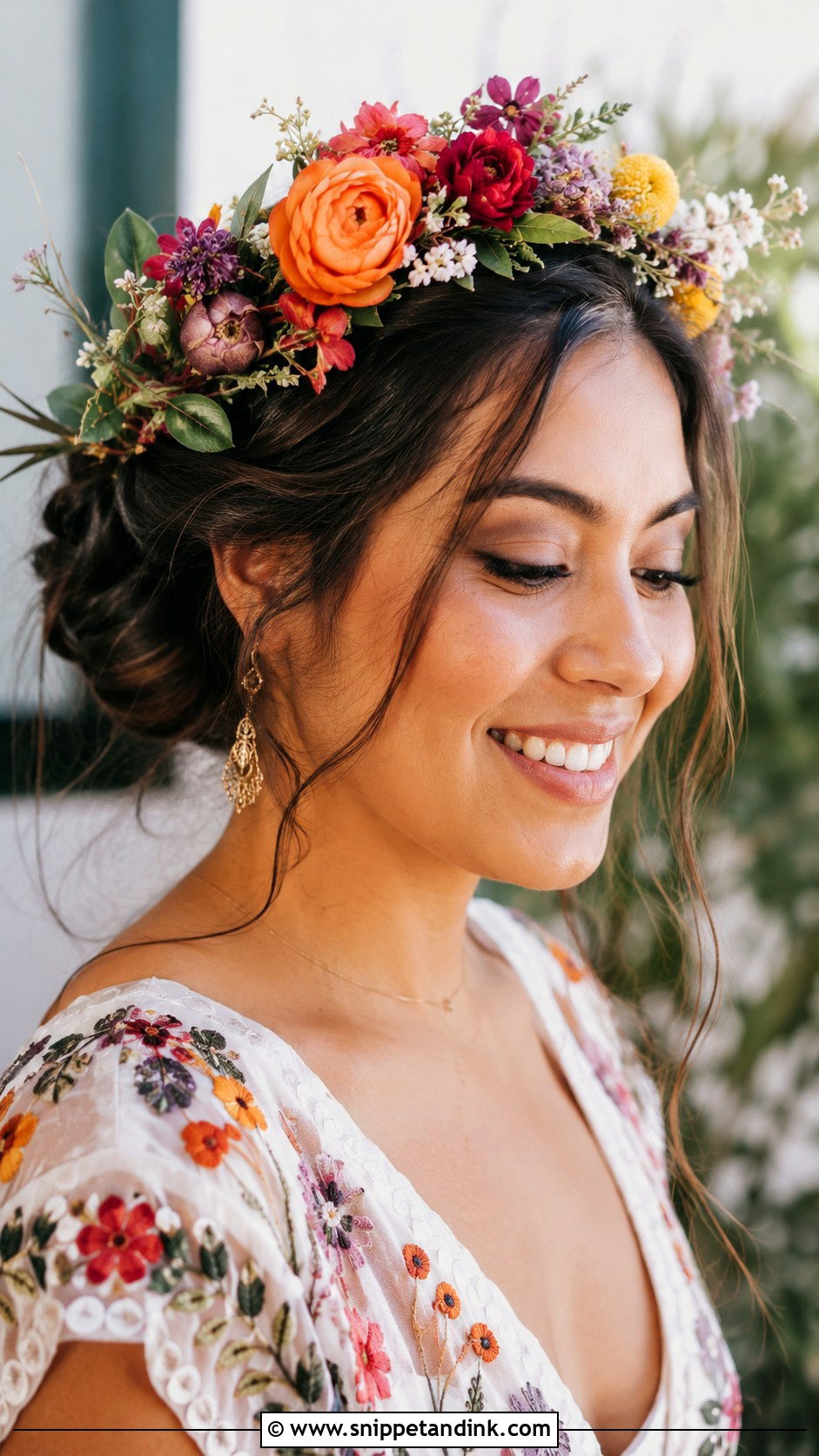 Colorful Flower Crown With Bohemian Updo - Snippet and Ink - 20 Wedding Hair with Flower Crown Ideas